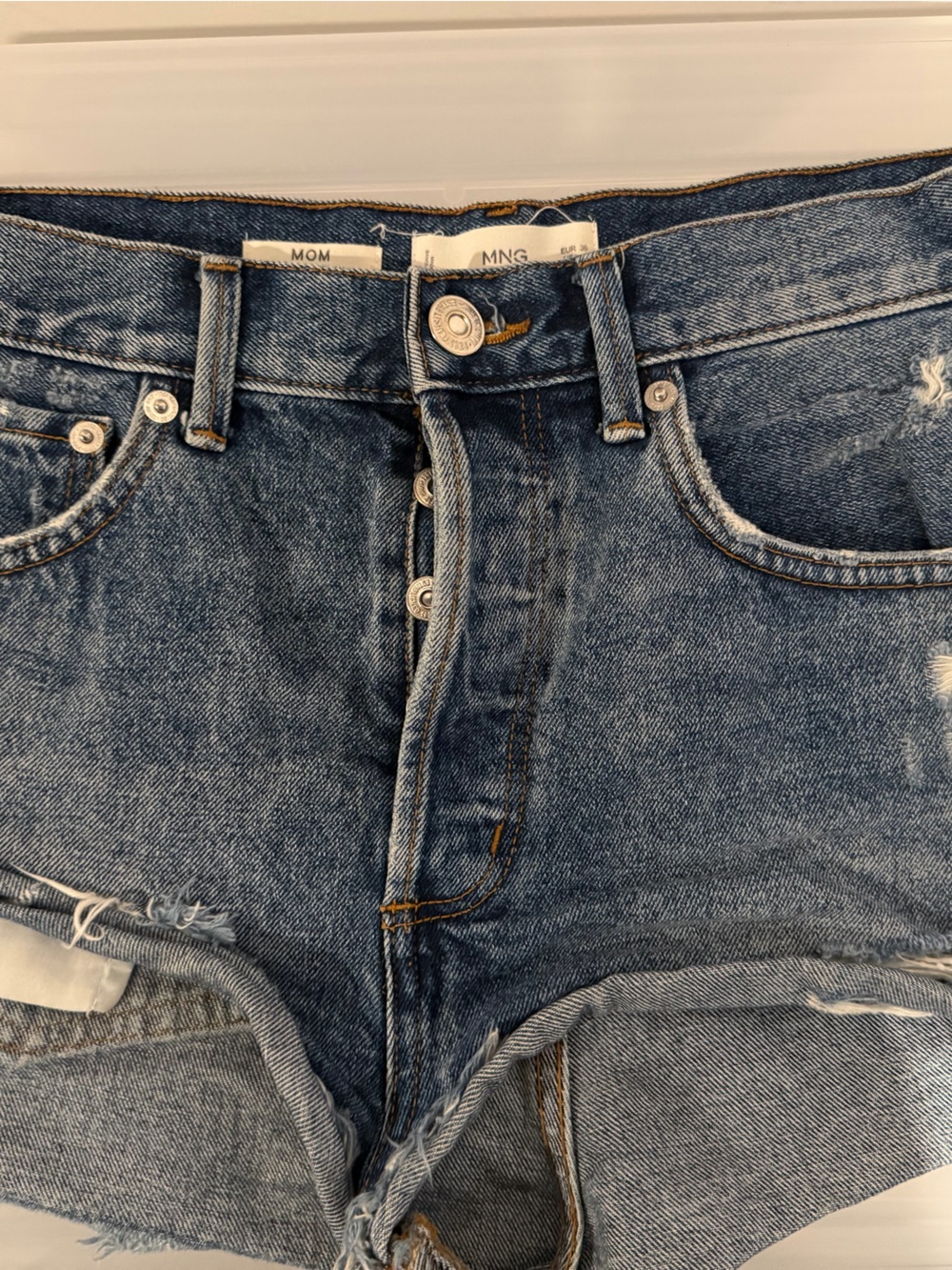 Mango Vintage Blue High-Rise Distressed Denim Shorts